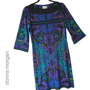 DONNA MORGAN NWOT 3/4 SLEEVE GEOMETRIC PRINT DRESS BLACK AQUA PURPLE | SIZE: 6